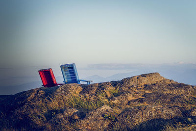 Lifeguard hut on beach against clear sky