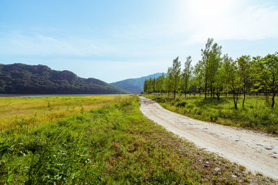 Empty dirt road by grassy field against sky