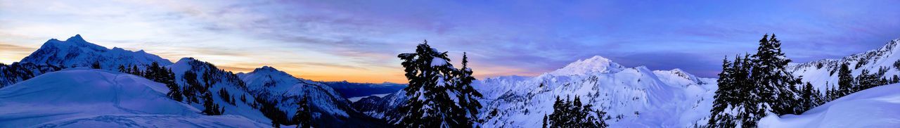 Panoramic view of snowcapped mountains against sky during winter