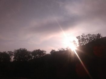 Sunlight streaming through silhouette trees against sky during sunset