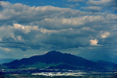 Scenic view of sea and mountains against dramatic sky