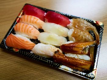 High angle view of sushi in plate on table