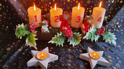 Close-up of lit candles on table