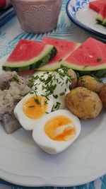 High angle view of breakfast served on table