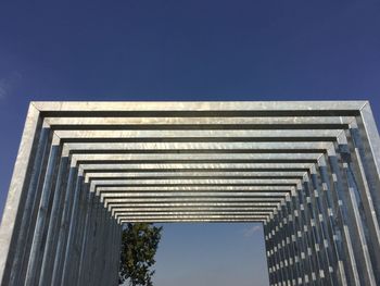 Low angle view of building against clear blue sky