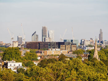 High angle view of buildings against sky