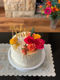 High angle view of rose bouquet on table