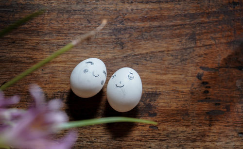 High angle view of eggs on table