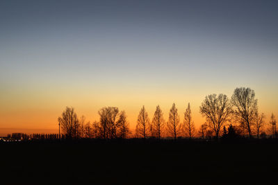 Silhouette trees on field against clear sky during sunset