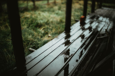 High angle view of bench in park