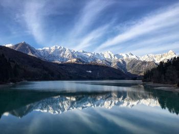 Scenic view of lake and mountains against sky