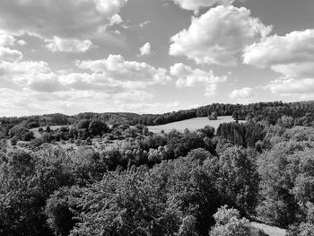 High angle view of trees on field against sky