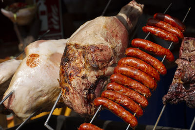 Close-up of meat on barbecue grill