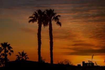 Silhouette palm trees against romantic sky at sunset