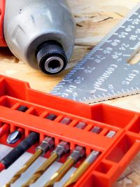 High angle view of telephone booth on table