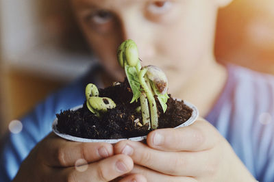 Midsection of boy holding small plant