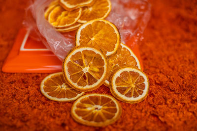 High angle view of lemon slices on table