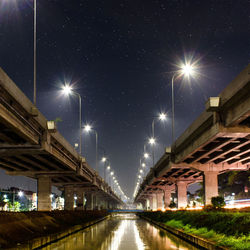 Illuminated bridge over canal in city at night