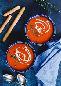 High angle view of soup in bowl on table