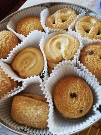 High angle view of cupcakes on table