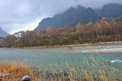 Scenic view of lake and mountains against sky