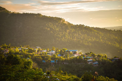 High angle view of townscape against sky during sunset