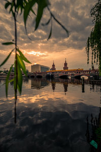 Reflection of buildings in city during sunset