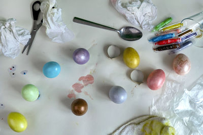 High angle view of multi colored candies on table
