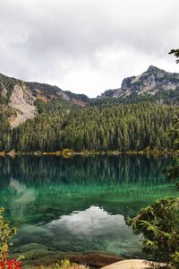 Scenic view of lake and mountains against sky