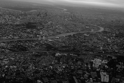 High angle shot of townscape against sky