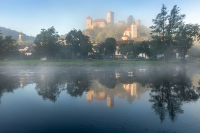 Reflection of trees and buildings in lake against sky