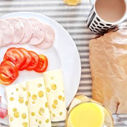 High angle view of breakfast served on table