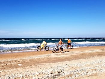 People riding bicycles on beach against clear sky