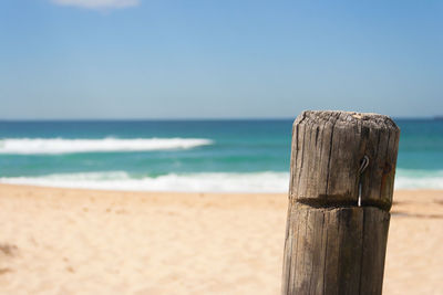 Close-up of wooden post at beach against clear sky