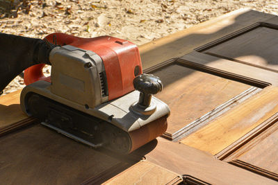 High angle view of equipment on table