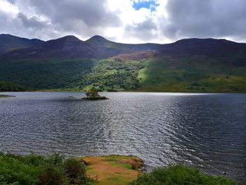 Scenic view of lake and mountains against sky