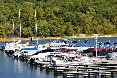 Sailboats moored on harbor by lake
