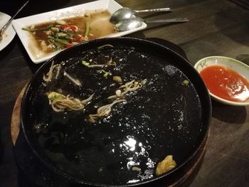 High angle view of meal served on table