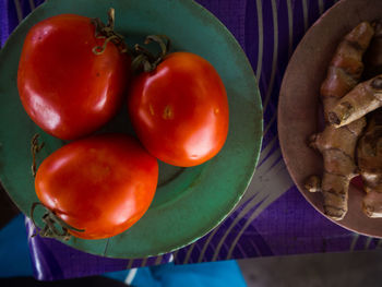 High angle view of tomatoes on table
