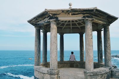 Rear view of man standing by sea against clear sky