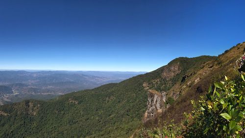 Scenic view of mountains against clear blue sky