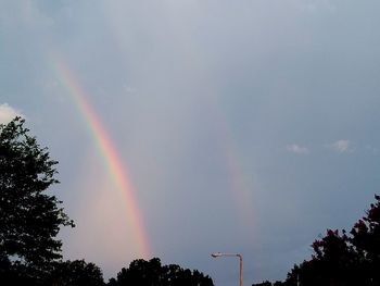 Low angle view of rainbow over trees against sky