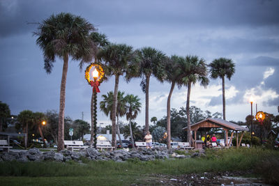 Palm trees against cloudy sky