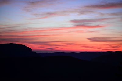 Scenic view of silhouette mountains against orange sky