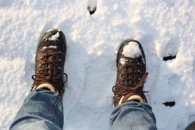 Low section of man standing on snow