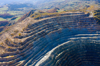 Aerial drone view of rosia poieni open pit copper mine, romania