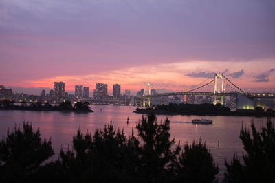 Illuminated city at waterfront during sunset