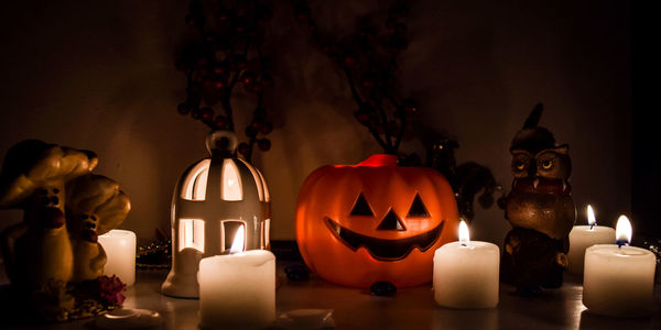 View of illuminated halloween decorations on table