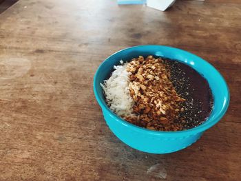 High angle view of breakfast served on table