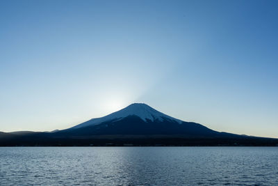 Scenic view of lake and mountains against clear blue sky